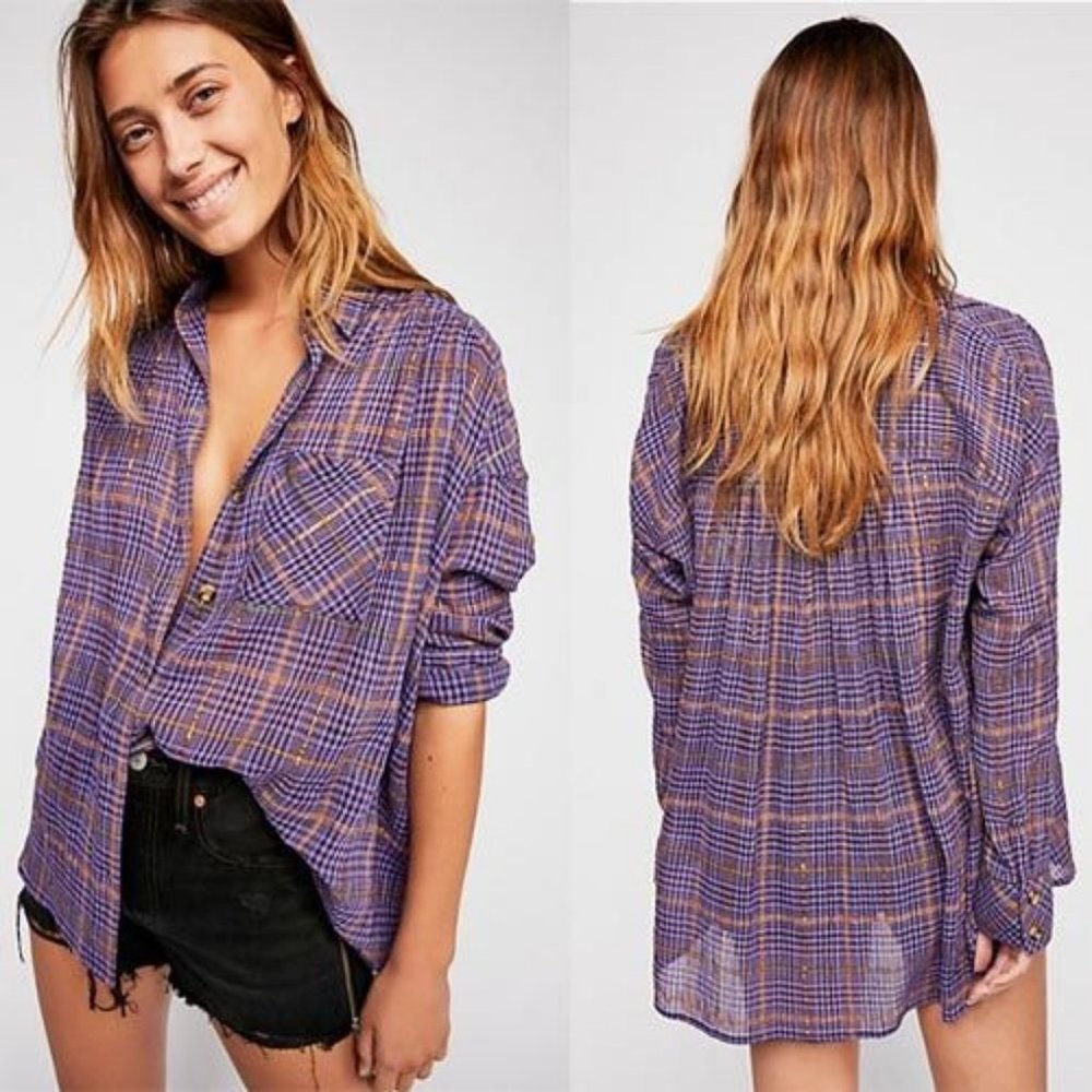 Free People Break my Stride Purple Metallic Gold Plaid Button Front Shirt Size M